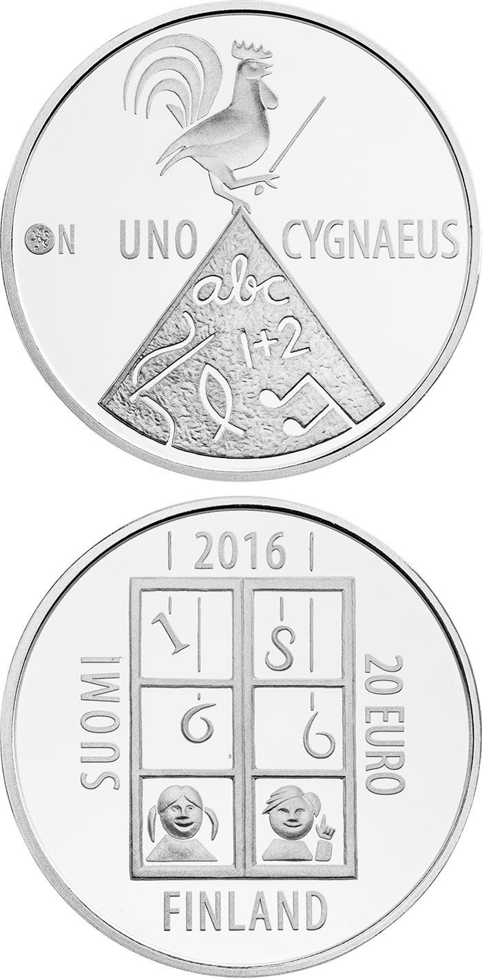 Image of 20 euro coin - Uno Cygnaeus and folk schooling | Finland 2016.  The Silver coin is of Proof, BU quality.