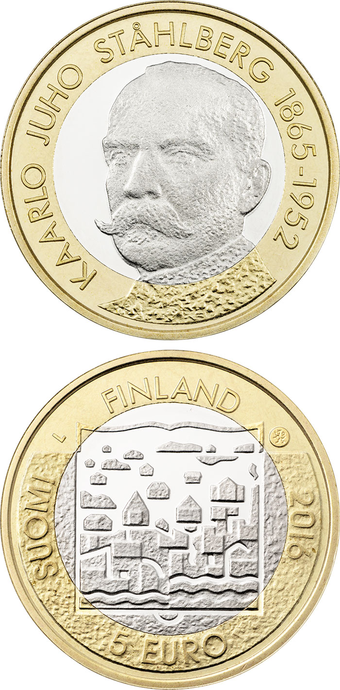 Image of 5 euro coin - K.J. Ståhlberg | Finland 2016.  The Bimetal: CuNi, nordic gold coin is of Proof, UNC quality.