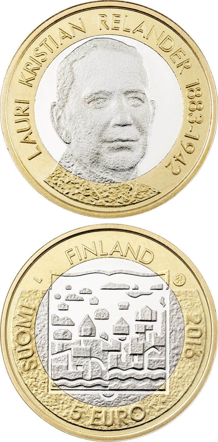 Image of 5 euro coin - L.K. Relander | Finland 2016.  The Bimetal: CuNi, nordic gold coin is of Proof, UNC quality.