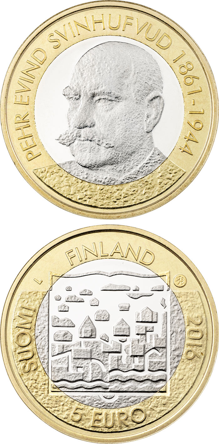 Image of 5 euro coin - P.E. Svinhufvud | Finland 2016.  The Bimetal: CuNi, nordic gold coin is of Proof, UNC quality.