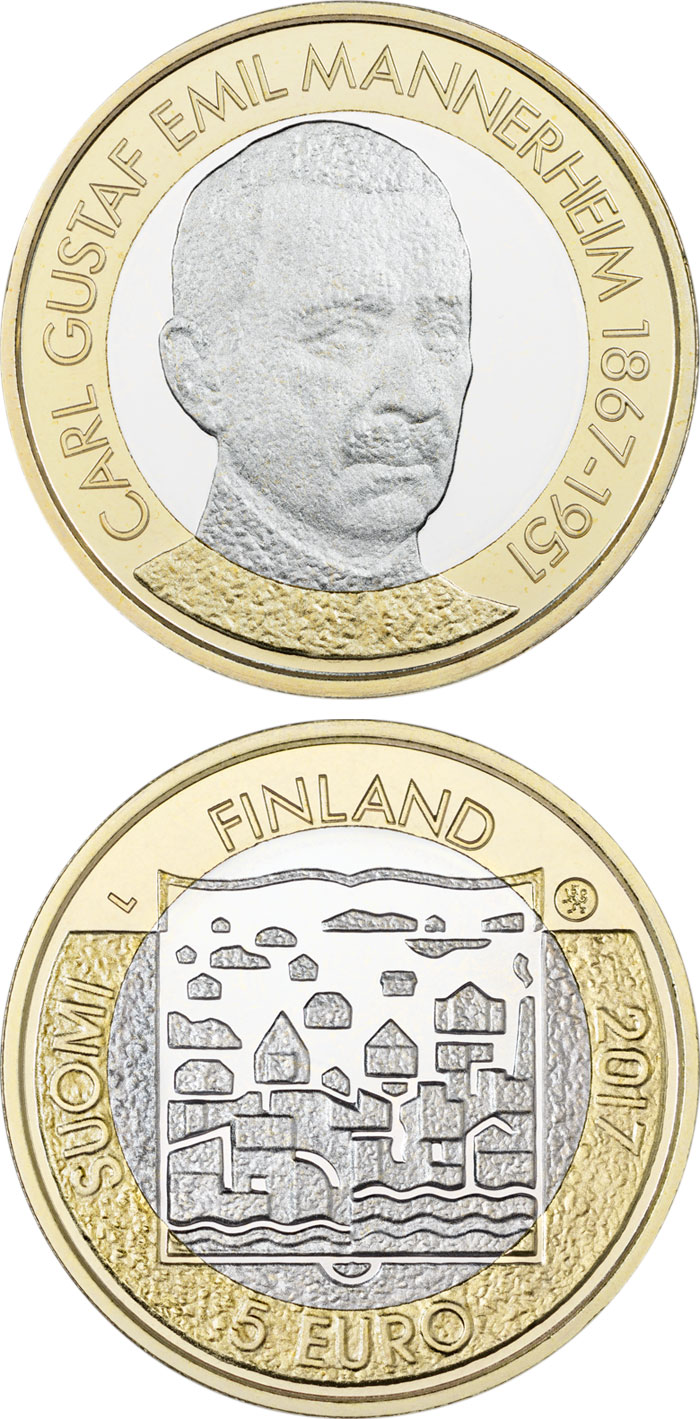Image of 5 euro coin - C.G.E. Mannerheim | Finland 2017.  The Bimetal: CuNi, nordic gold coin is of Proof, UNC quality.