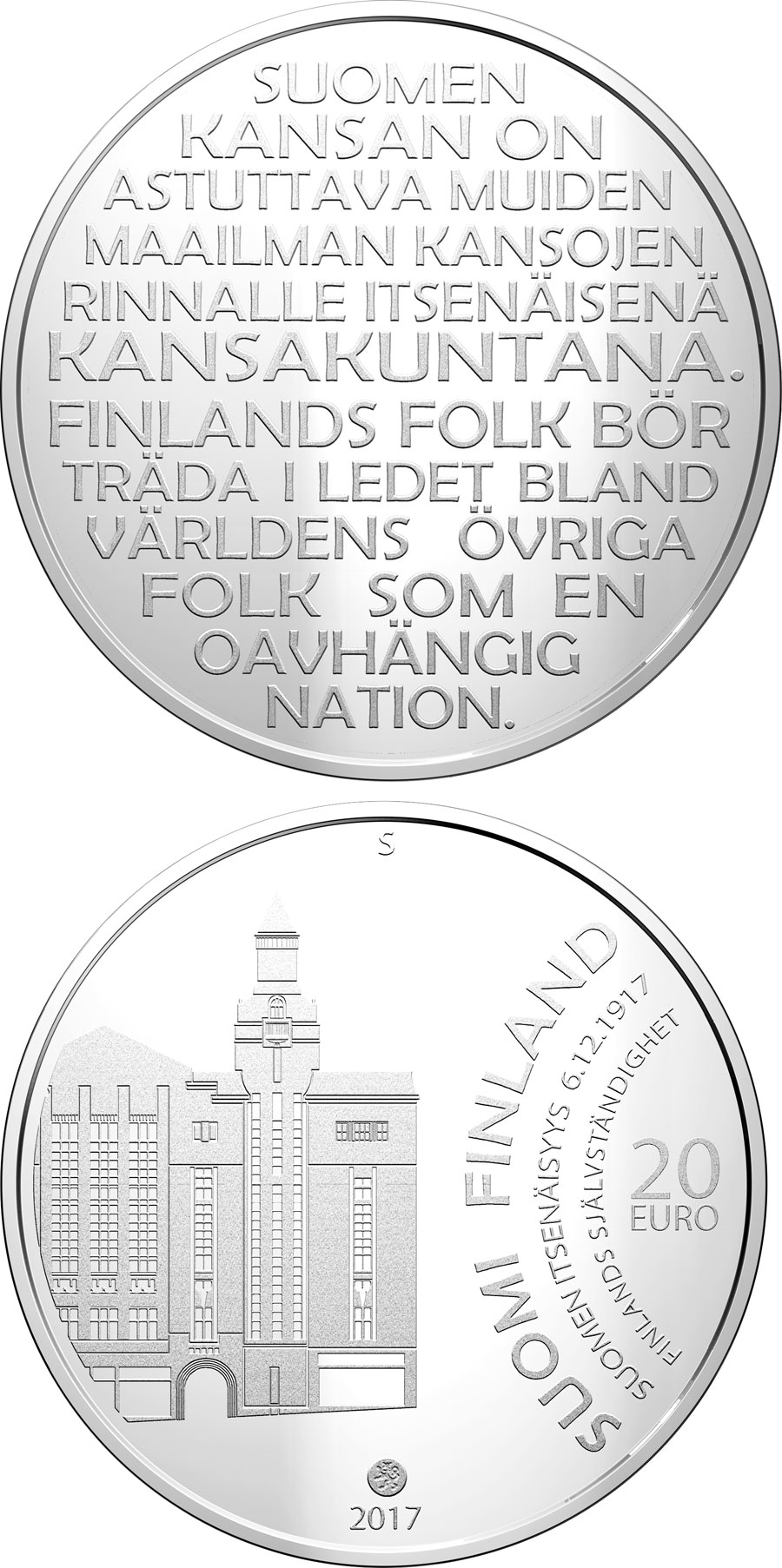 Image of 20 euro coin - Finland's Independence 6 December 1917 | Finland 2017.  The Silver coin is of Proof, BU quality.