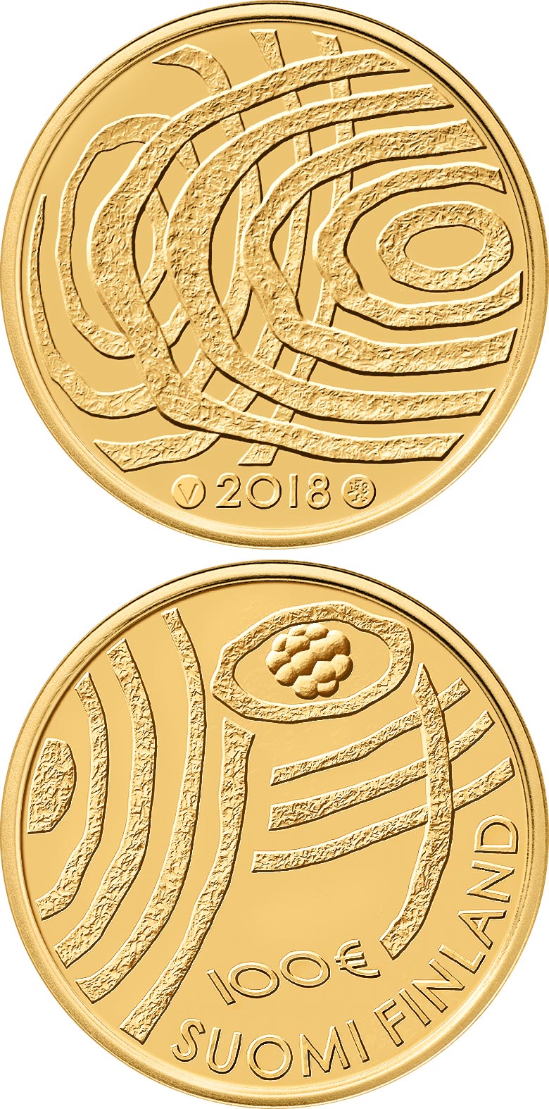 Image of 100 euro coin - Finland after 100 years | Finland 2018.  The Gold coin is of Proof quality.
