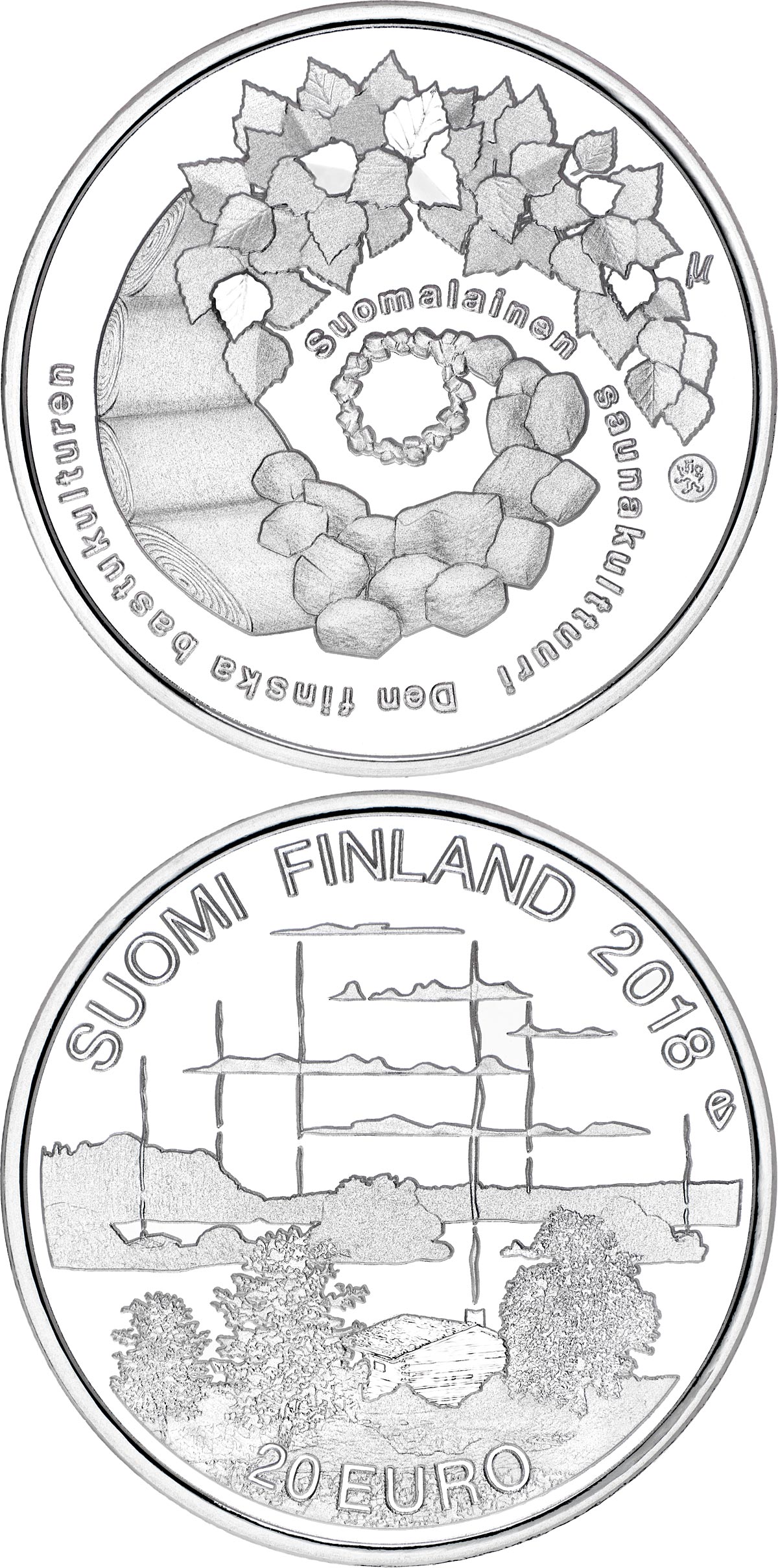 Image of 20 euro coin - Finnish sauna culture | Finland 2018.  The Silver coin is of Proof, BU quality.