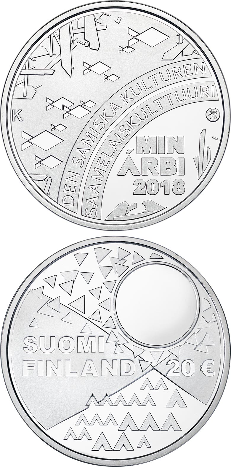 Image of 20 euro coin - The Sámi Culture | Finland 2018.  The Silver coin is of Proof, BU quality.