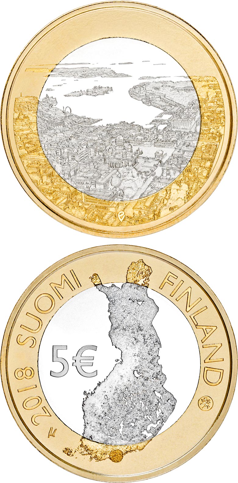 Image of 5 euro coin - Maritime Helsinki | Finland 2018.  The Bimetal: CuNi, nordic gold coin is of Proof, UNC quality.