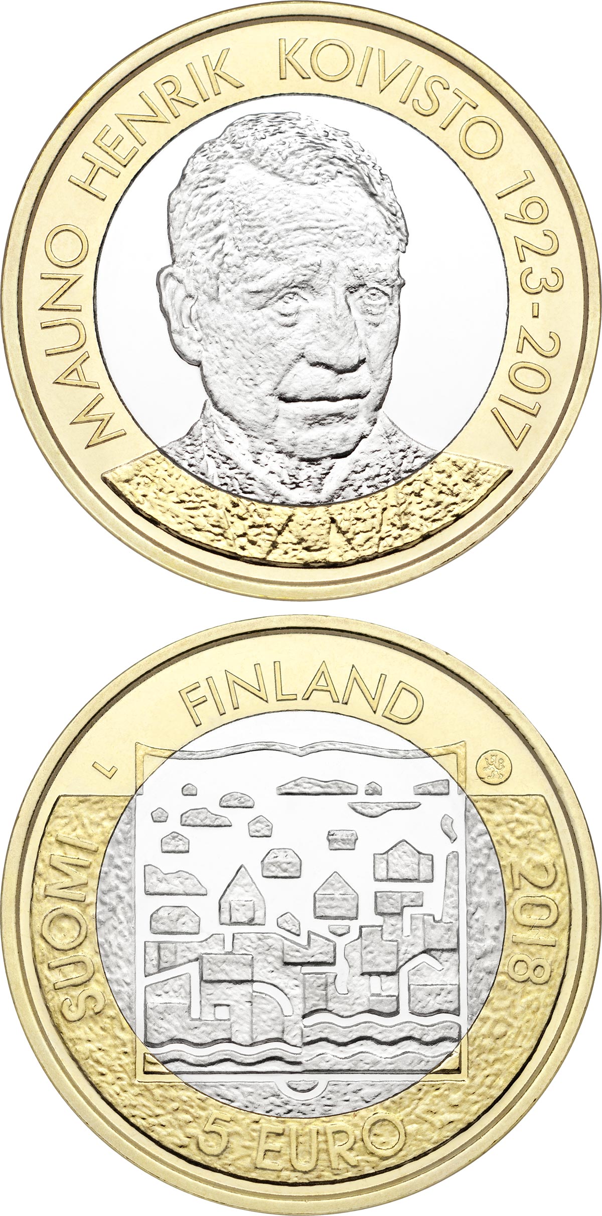 Image of 5 euro coin - Mauno Koivisto | Finland 2018.  The Bimetal: CuNi, nordic gold coin is of Proof, UNC quality.
