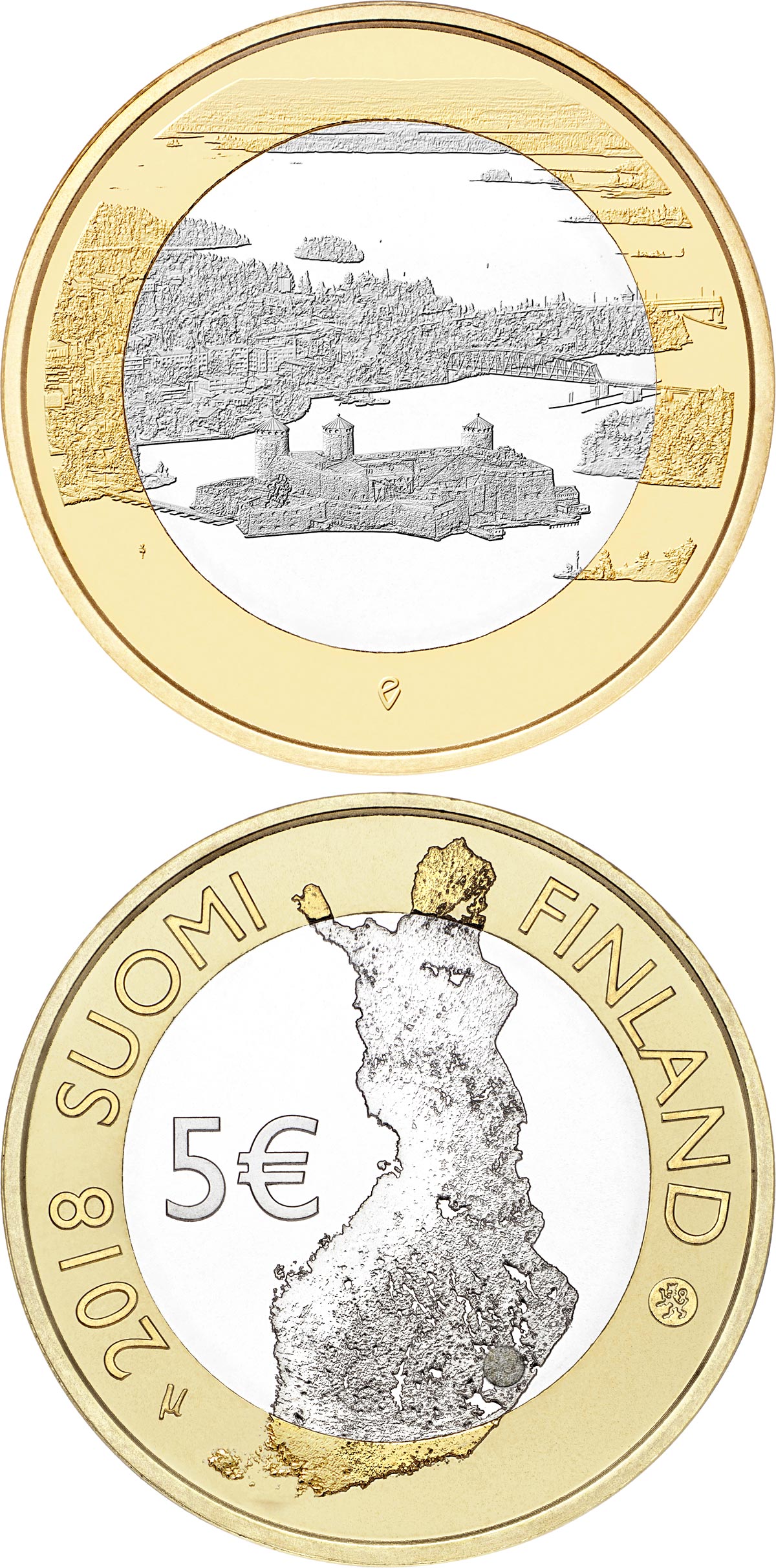 Image of 5 euro coin - Olavinlinna Castle and Lake Pihlajavesi | Finland 2018.  The Bimetal: CuNi, nordic gold coin is of Proof, UNC quality.