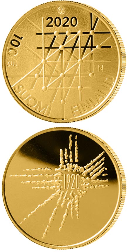 Image of 100 euro coin - 100 Years of the University of Turku | Finland 2020.  The Gold coin is of Proof quality.
