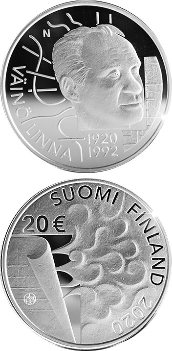 Image of 20 euro coin - 100th Anniversary of the Borth of Väinö Linna | Finland 2020.  The Silver coin is of Proof, BU quality.