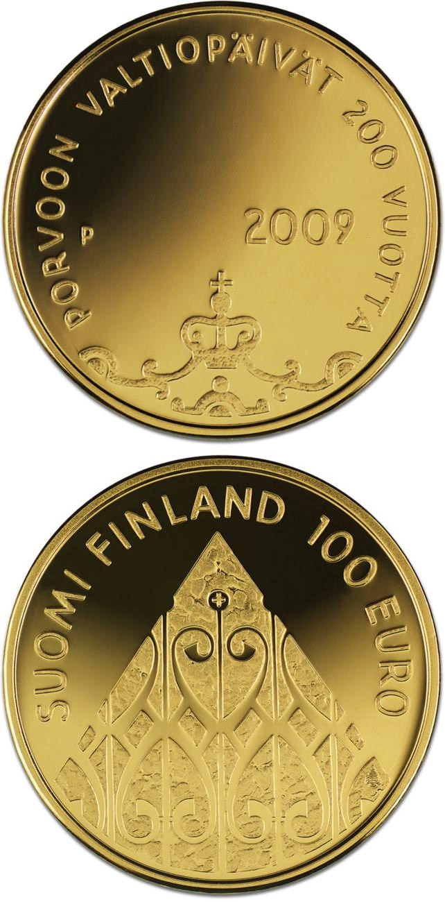 Image of 100 euro coin - The Diet of Porvoo 200 years  | Finland 2009.  The Gold coin is of Proof quality.
