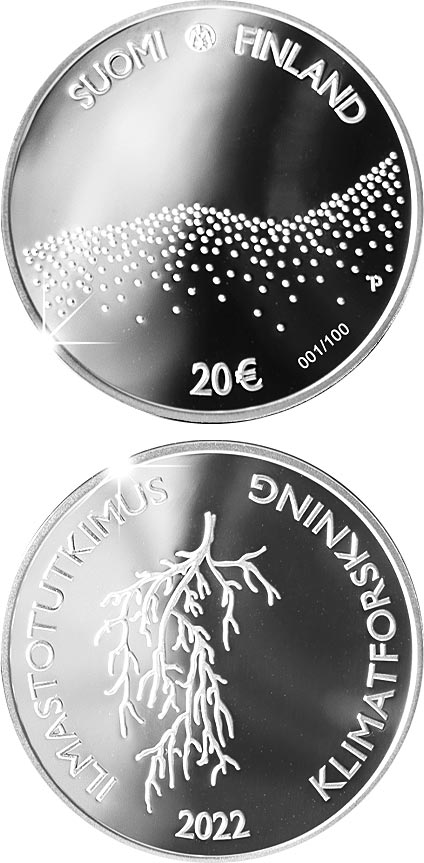 Image of 20 euro coin - The Climate Research | Finland 2022.  The Silver coin is of Proof, BU quality.