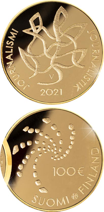 Image of 100 euro coin - Journalism and Free Press Supporting Finnish Democracy | Finland 2021.  The Gold coin is of Proof quality.