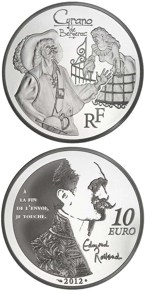 Image of 10 euro coin - Cyrano de Bergerac | France 2012.  The Silver coin is of Proof quality.