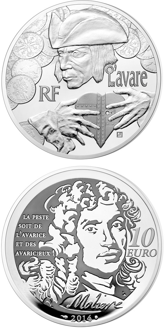 Image of 10 euro coin - The Miser | France 2014.  The Silver coin is of Proof quality.