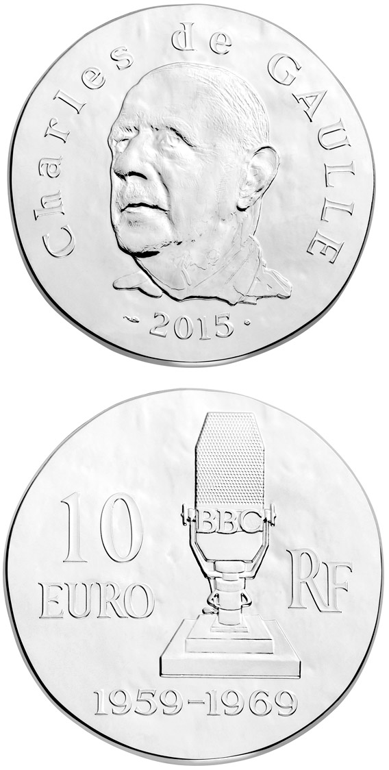 Image of 10 euro coin - Charles de Gaulle | France 2015.  The Silver coin is of Proof quality.