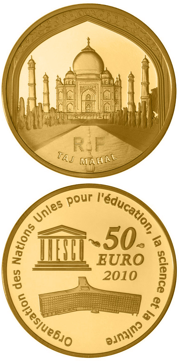 Image of 50 euro coin - Taj Mahal | France 2010.  The Gold coin is of Proof quality.