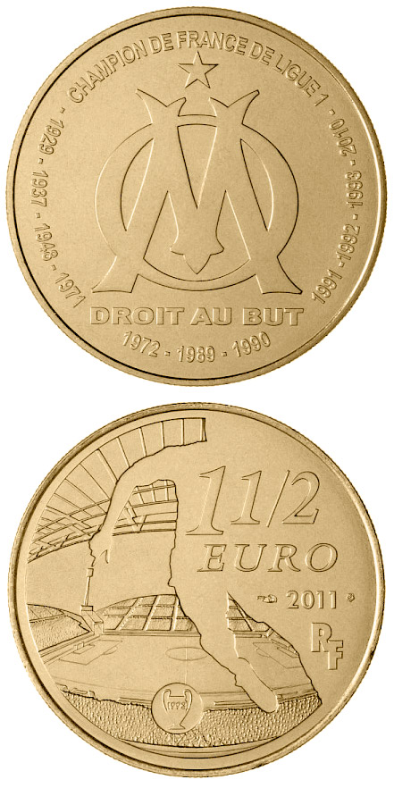 Image of 1.5 euro coin - Olympique de Marseille | France 2011.  The Copper–Nickel (CuNi) coin is of BU quality.