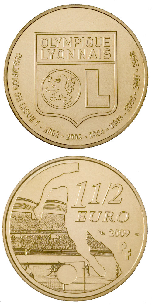Image of 1.5 euro coin - Olympique Lyonnais | France 2009.  The Copper–Nickel (CuNi) coin is of BU quality.