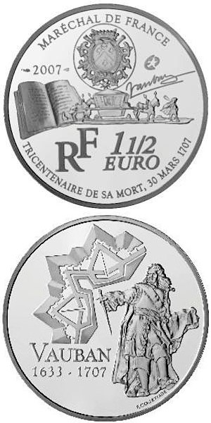 Image of 1.5 euro coin - 250th Anniversary of the Death of Sébastien Le Prestre de Vauban | France 2007.  The Silver coin is of Proof quality.
