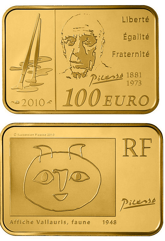 Image of 100 euro coin - Pablo Picasso | France 2010.  The Gold coin is of Proof quality.