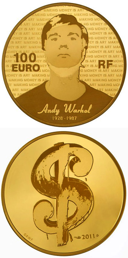 Image of 100 euro coin - Andy Warhol | France 2011.  The Gold coin is of Proof quality.