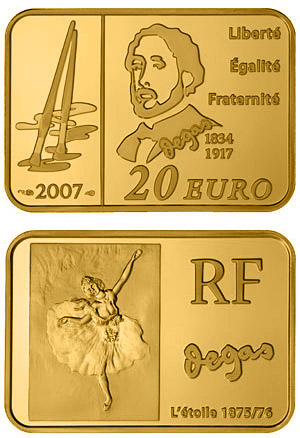 Image of 20 euro coin - Edgar Degas | France 2007.  The Gold coin is of Proof quality.