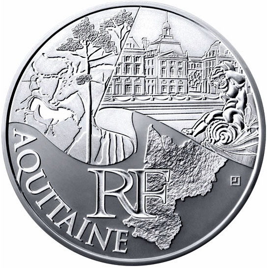 Image of 10 euro coin - Aquitaine | France 2011.  The Silver coin is of UNC quality.