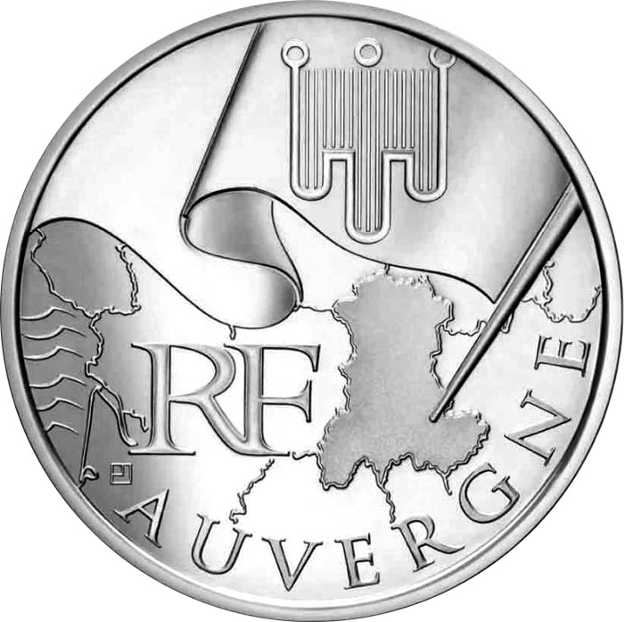 Image of 10 euro coin - Auvergne | France 2010.  The Silver coin is of UNC quality.