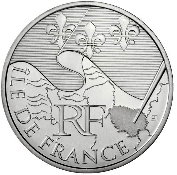 Image of 10 euro coin - Paris Isle of France | France 2010.  The Silver coin is of UNC quality.