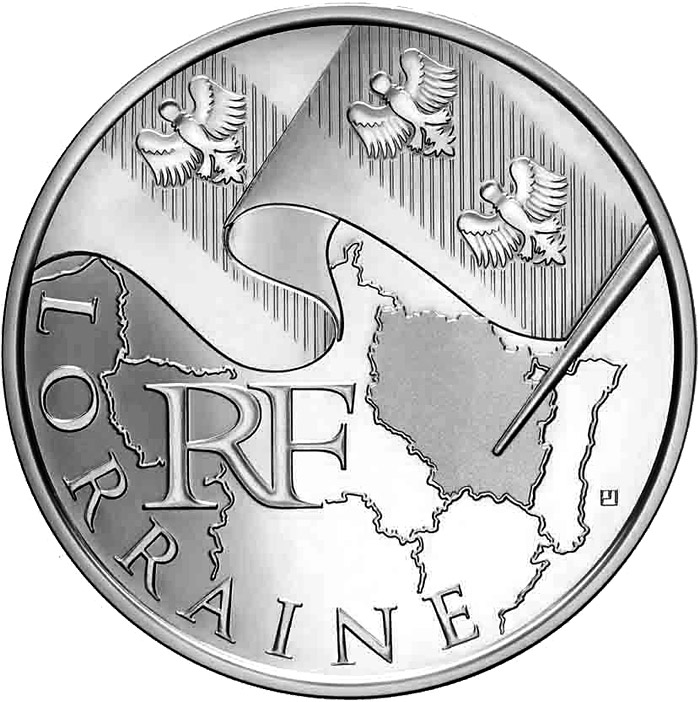Image of 10 euro coin - Lorraine | France 2010.  The Silver coin is of UNC quality.