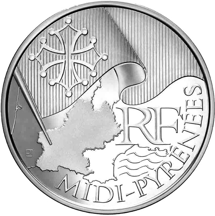 Image of 10 euro coin - Midi Pyrenees | France 2010.  The Silver coin is of UNC quality.