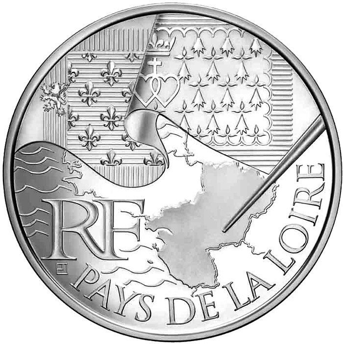 Image of 10 euro coin - Pays de la Loire | France 2010.  The Silver coin is of UNC quality.