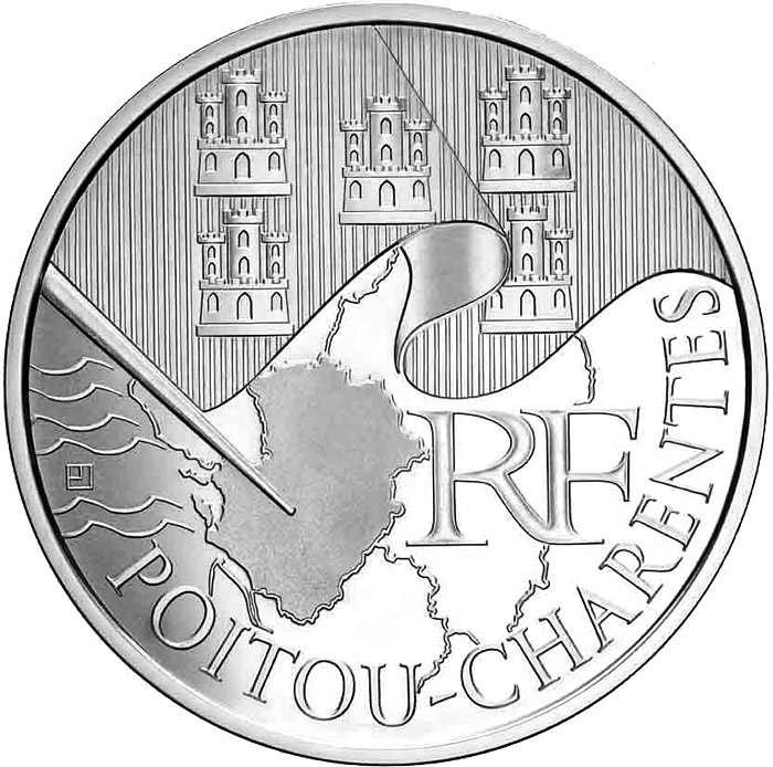 Image of 10 euro coin - Poitou Charentes | France 2010.  The Silver coin is of UNC quality.