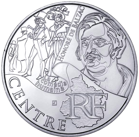Image of 10 euro coin - Center (Honoré de Balzac) | France 2012.  The Silver coin is of UNC quality.
