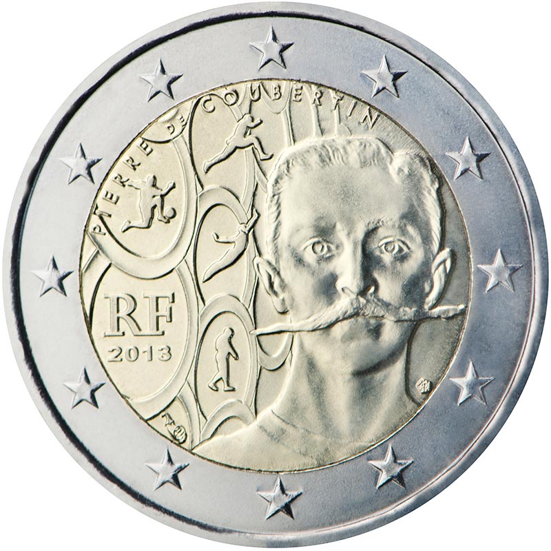 Image of 2 euro coin - 150th Anniversary of Pierre de Coubertin`s Birth | France 2013