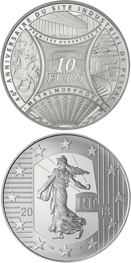 Image of 10 euro coin - The Sower - MetaLmorphosis and the 40zh Anniversary of Pessac`s Industrial Site | France 2013.  The Silver coin is of Proof quality.