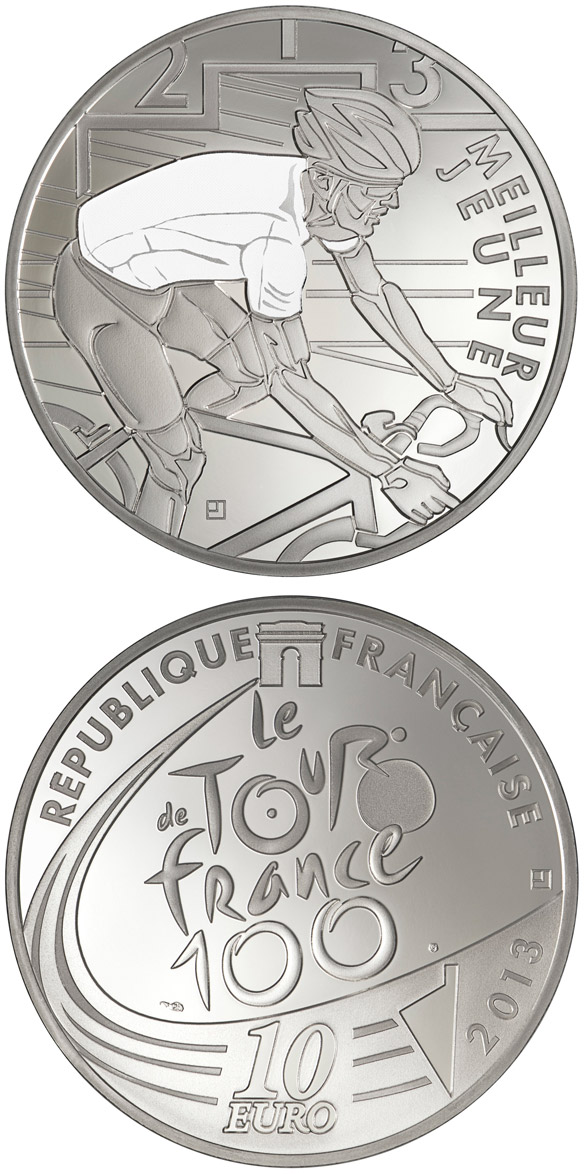 Image of 10 euro coin - Tour de France - 100th Edition | France 2013.  The Silver coin is of Proof quality.