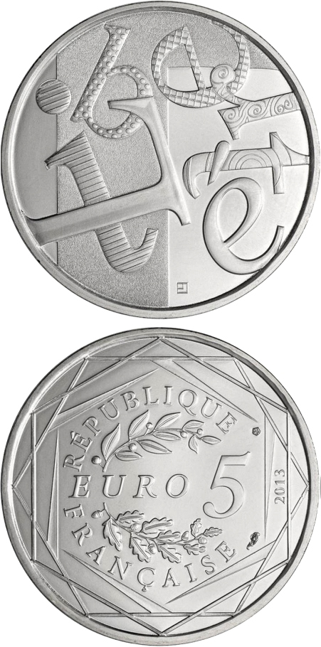 Image of 5 euro coin - La Liberté | France 2013.  The Silver coin is of UNC quality.
