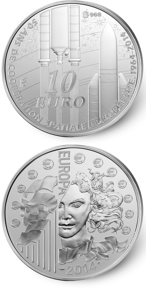 Image of 10 euro coin - Europa 2014 - 50years of European space cooperation | France 2014.  The Silver coin is of Proof quality.