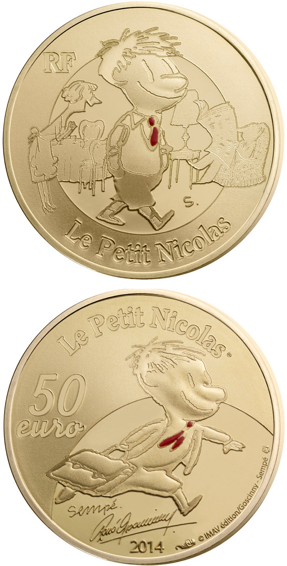 Image of 50 euro coin - Petit Nicolas | France 2014.  The Gold coin is of Proof quality.