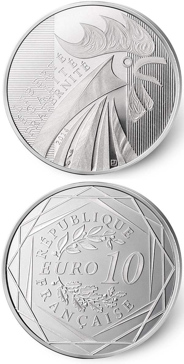 Image of 10 euro coin - Rooster  | France 2013.  The Silver coin is of Proof quality.