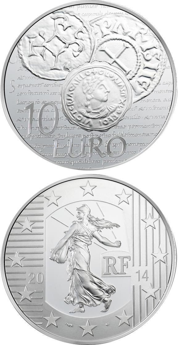 Image of 10 euro coin - Charles the Bald's Denier | France 2014.  The Silver coin is of Proof quality.