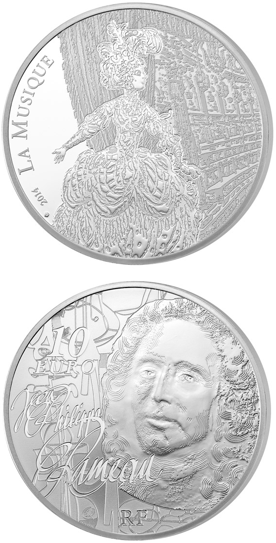 Image of 10 euro coin - Jean-Philippe Rameau | France 2014.  The Silver coin is of Proof quality.