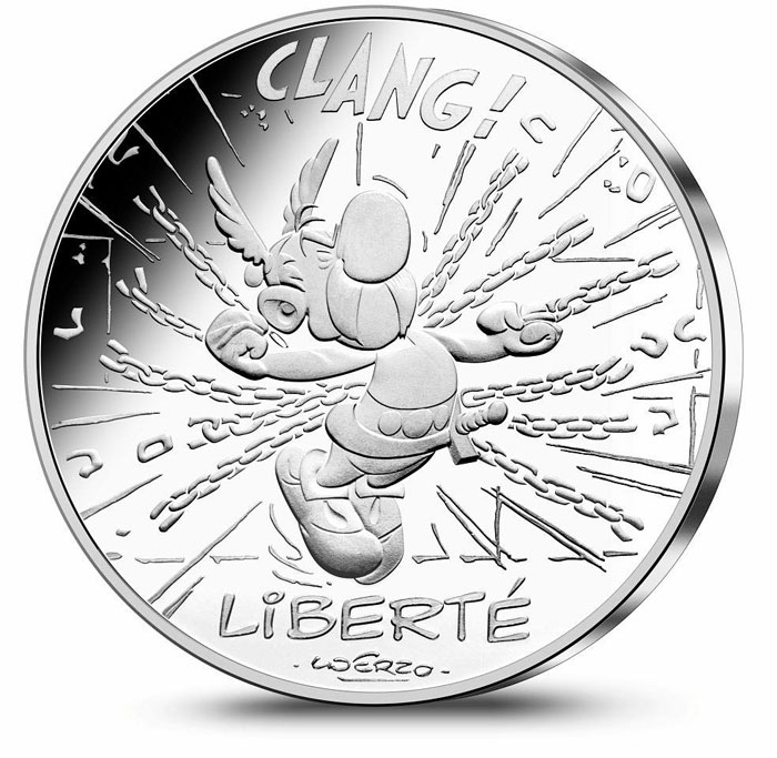 Image of 10 euro coin - Liberty Asterix Chains | France 2015.  The Silver coin is of UNC quality.