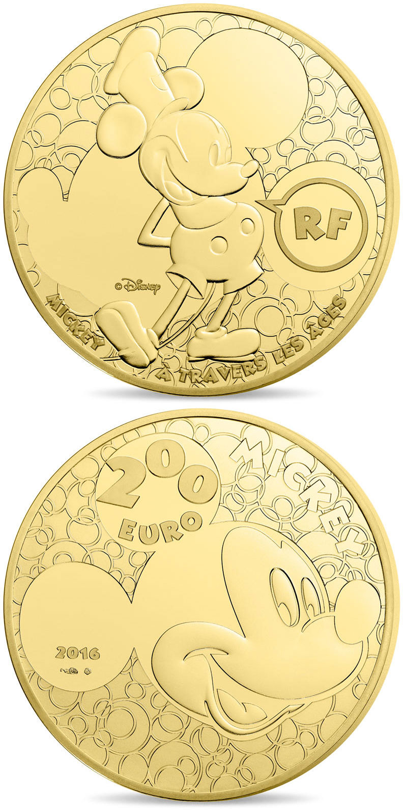 Image of 200 euro coin - Youth Mickey through the ages  | France 2016.  The Gold coin is of Proof quality.