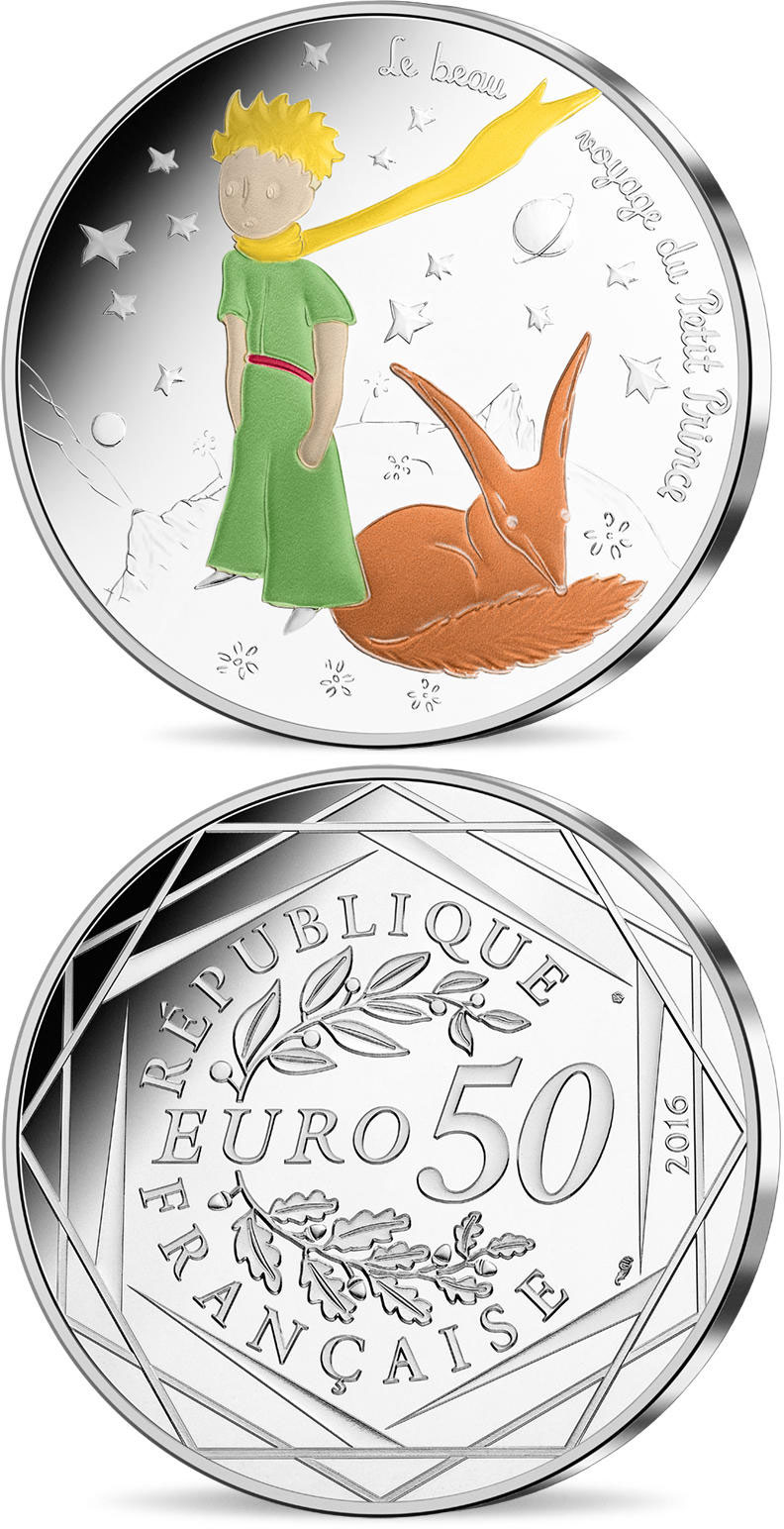 Image of 50 euro coin - The Little Prince's beautiful journey France  | France 2016.  The Silver coin is of UNC quality.