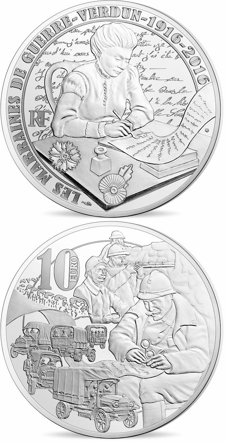 Image of 10 euro coin - Verdun, the Sacred Way | France 2016.  The Silver coin is of Proof quality.