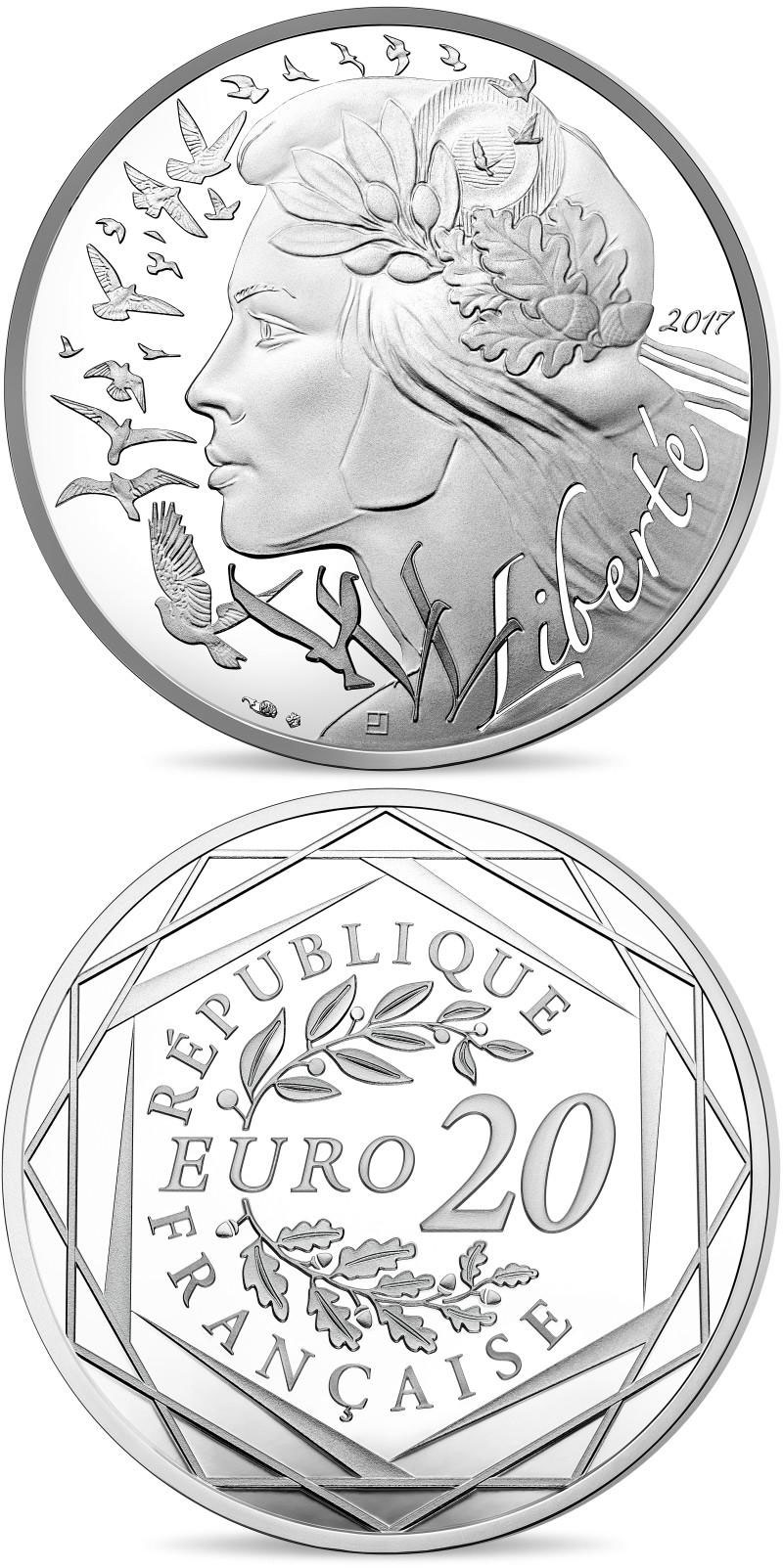Image of 20 euro coin - Marianne - Liberty  | France 2017.  The Silver coin is of BU quality.
