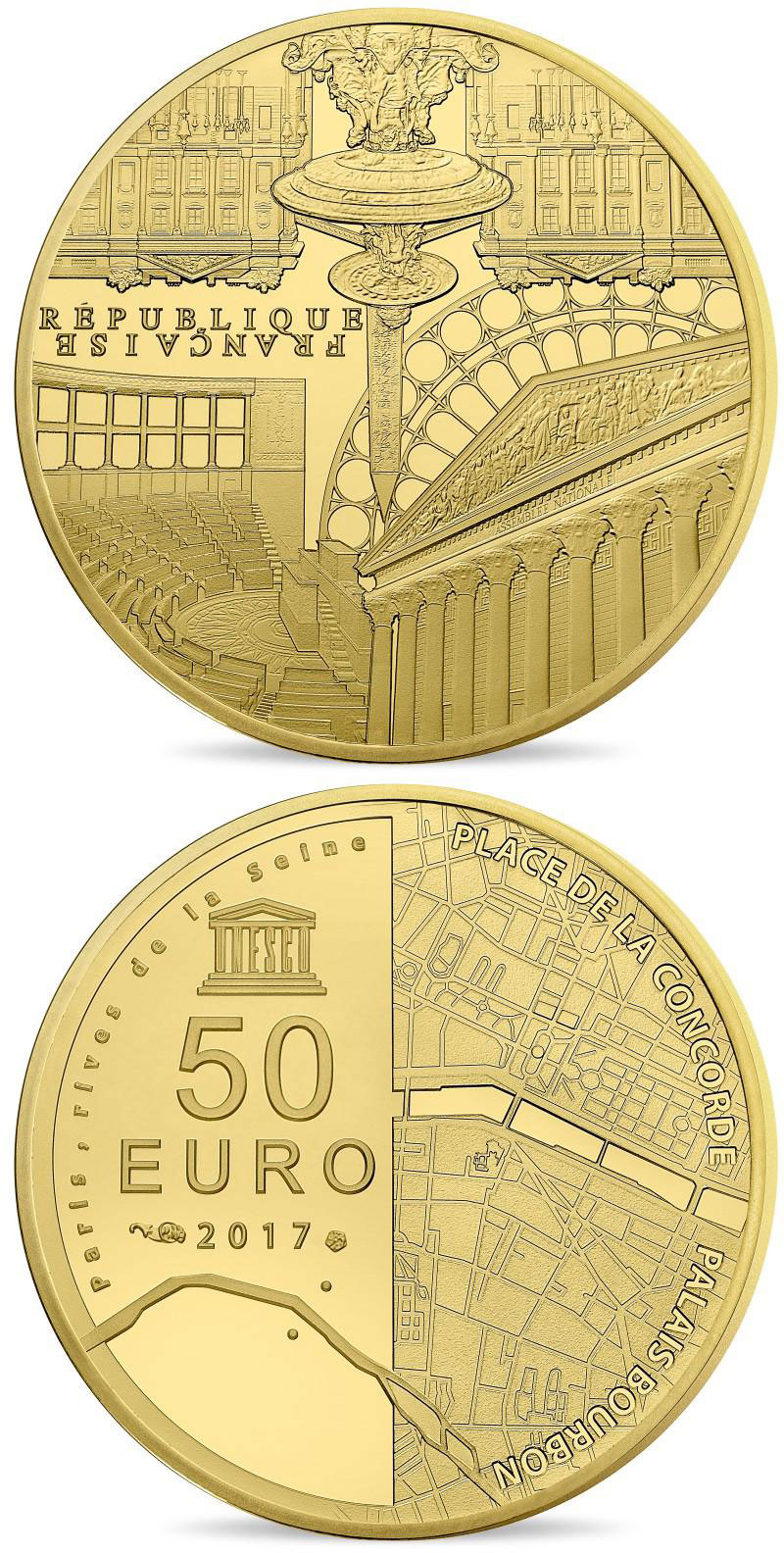 Image of 50 euro coin - National Assembly and Place of Concorde  | France 2017.  The Gold coin is of Proof quality.